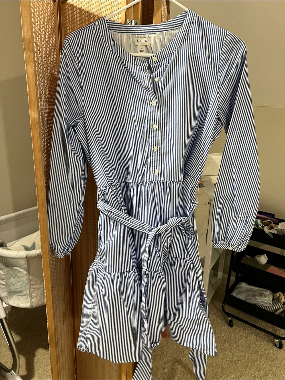 J. Crew Blue & White Vertical Stripe Button-Front Dress with Tie